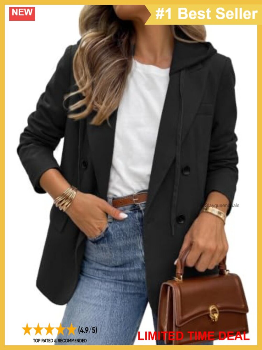 Women's Tweed Hooded Plaid Blazer Jacket Oversized Double-Breasted